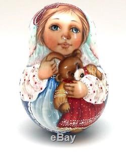 Girl with Teddy Bear Roly Poly Russian Hand Carved Hand Painted noNesting DOLL