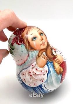 Girl with Teddy Bear Roly Poly Russian Hand Carved Hand Painted noNesting DOLL