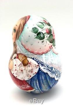 Girl with Teddy Bear Roly Poly Russian Hand Carved Hand Painted noNesting DOLL