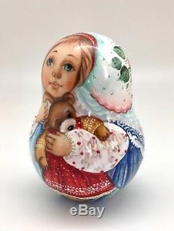 Girl with Teddy Bear Roly Poly Russian Hand Carved Hand Painted noNesting DOLL