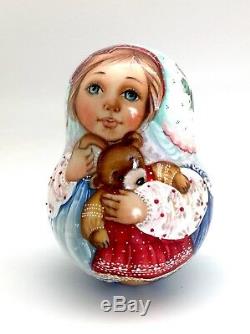 Girl with Teddy Bear Roly Poly Russian Hand Carved Hand Painted noNesting DOLL