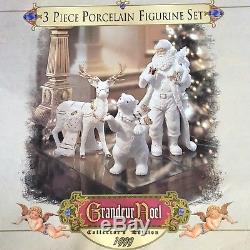 Grandeur Noel 3 Piece Porcelain Figurine Set/ Santa Reindeer Polar Bear'99 MIB