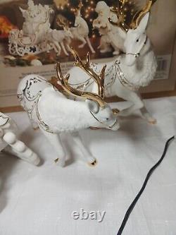 Grandeur Noel Porcelain Santa and Sleigh Reindeer White Set Collectors Edition