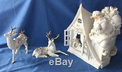 Grandeur Noel Santa 3 Pc Set 2003 Reindeer Girl Dog Peek JG0140 White Porcelain