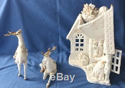 Grandeur Noel Santa 3 Pc Set 2003 Reindeer Girl Dog Peek JG0140 White Porcelain