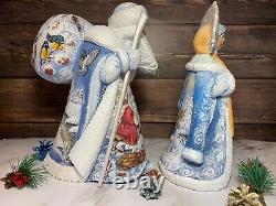 Hand Carved Russian Wooden Santa Snow Maiden Christmas ornaments