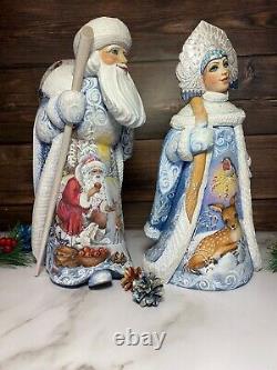 Hand Carved Russian Wooden Santa Snow Maiden Christmas ornaments