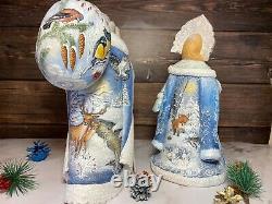 Hand Carved Russian Wooden Santa Snow Maiden Christmas ornaments