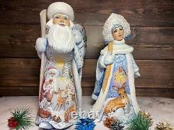 Hand Carved Russian Wooden Santa Snow Maiden Christmas ornaments