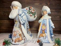 Hand Carved Russian Wooden Santa Snow Maiden Christmas ornaments