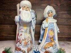 Hand Carved Russian Wooden Santa Snow Maiden Christmas ornaments