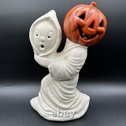 Heads REVERSED Vintage Signed Ceramic Ghost Holding Pumpkin JOL Halloween Figure