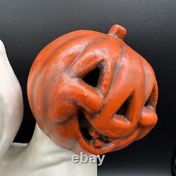Heads REVERSED Vintage Signed Ceramic Ghost Holding Pumpkin JOL Halloween Figure