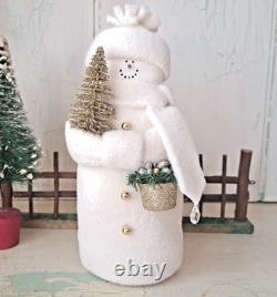 Hearts & Ivy 7.5 White Snowman With Gold Glitter Tree and Bucket of Berries
