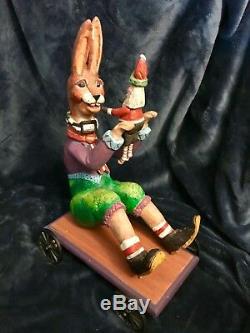 House Of Hatten Rabbit Hare Bunny On Cart WithSanta Doll Sculpture 14 H 1997