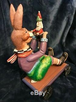 House Of Hatten Rabbit Hare Bunny On Cart WithSanta Doll Sculpture 14 H 1997