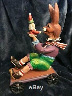 House Of Hatten Rabbit Hare Bunny On Cart WithSanta Doll Sculpture 14 H 1997
