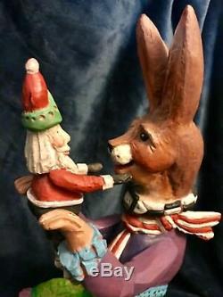 House Of Hatten Rabbit Hare Bunny On Cart WithSanta Doll Sculpture 14 H 1997