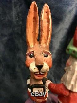 House Of Hatten Rabbit Hare Bunny On Cart WithSanta Doll Sculpture 14 H 1997