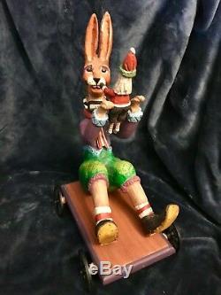 House Of Hatten Rabbit Hare Bunny On Cart WithSanta Doll Sculpture 14 H 1997