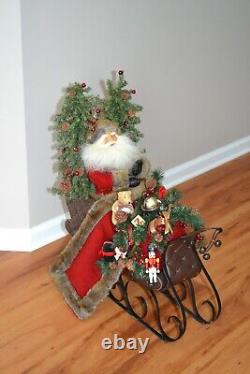 LARGE Jolly Santa in a Sleigh 27x24 Faux Leather Sleigh Faux Fur trim with toys