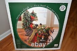 LARGE Jolly Santa in a Sleigh 27x24 Faux Leather Sleigh Faux Fur trim with toys