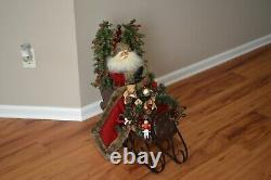 LARGE Jolly Santa in a Sleigh 27x24 Faux Leather Sleigh Faux Fur trim with toys