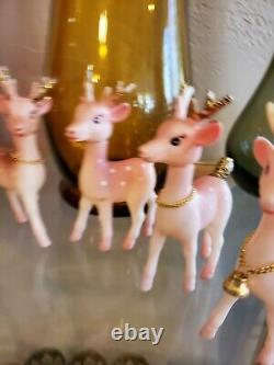 LOT OF 7 Vintage Pink Beauties Plastic Christmas Reindeer gold Bell RETRO 4