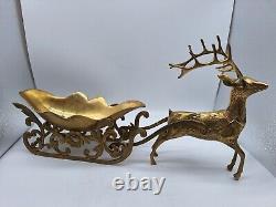 Large Vtg Solid Brass Reindeer and Sleigh Christmas approx 22 inches Korea