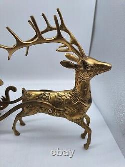 Large Vtg Solid Brass Reindeer and Sleigh Christmas approx 22 inches Korea