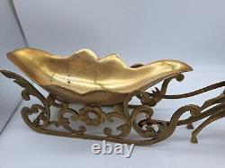 Large Vtg Solid Brass Reindeer and Sleigh Christmas approx 22 inches Korea