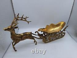 Large Vtg Solid Brass Reindeer and Sleigh Christmas approx 22 inches Korea