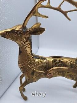 Large Vtg Solid Brass Reindeer and Sleigh Christmas approx 22 inches Korea