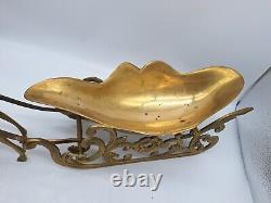 Large Vtg Solid Brass Reindeer and Sleigh Christmas approx 22 inches Korea