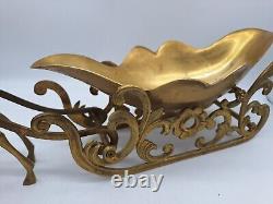 Large Vtg Solid Brass Reindeer and Sleigh Christmas approx 22 inches Korea