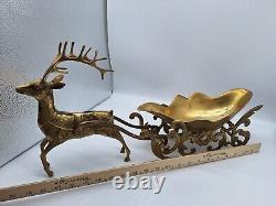 Large Vtg Solid Brass Reindeer and Sleigh Christmas approx 22 inches Korea