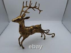 Large Vtg Solid Brass Reindeer and Sleigh Christmas approx 22 inches Korea