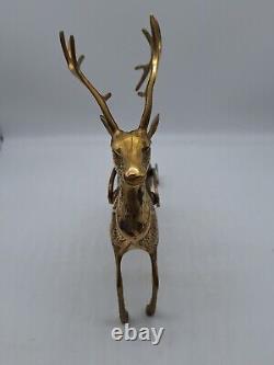 Large Vtg Solid Brass Reindeer and Sleigh Christmas approx 22 inches Korea