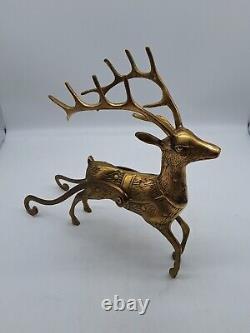 Large Vtg Solid Brass Reindeer and Sleigh Christmas approx 22 inches Korea