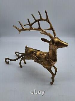 Large Vtg Solid Brass Reindeer and Sleigh Christmas approx 22 inches Korea