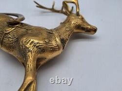 Large Vtg Solid Brass Reindeer and Sleigh Christmas approx 22 inches Korea