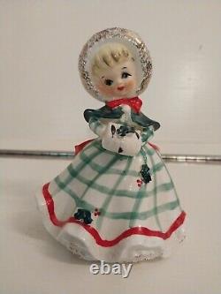 Lefton 1957/166. Christmas Girl with Muff Planter Figurine Japan 5.25 Tall