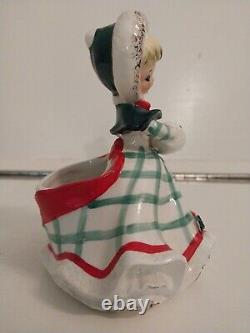 Lefton 1957/166. Christmas Girl with Muff Planter Figurine Japan 5.25 Tall