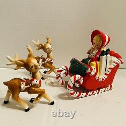 Lefton Christmas Shopper Girl Candy Cane Sleigh Two Reindeer Vintage 1956 Japan