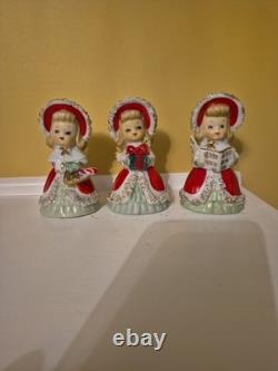Lefton Vintage Christmas Angel Caroler Bell with Spaghetti Trim Complete Set of 3