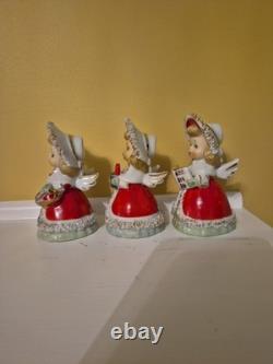 Lefton Vintage Christmas Angel Caroler Bell with Spaghetti Trim Complete Set of 3