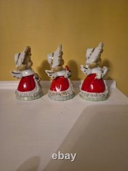 Lefton Vintage Christmas Angel Caroler Bell with Spaghetti Trim Complete Set of 3