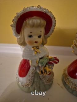 Lefton Vintage Christmas Angel Caroler Bell with Spaghetti Trim Complete Set of 3