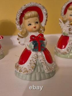 Lefton Vintage Christmas Angel Caroler Bell with Spaghetti Trim Complete Set of 3