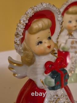 Lefton Vintage Christmas Angel Caroler Bell with Spaghetti Trim Complete Set of 3